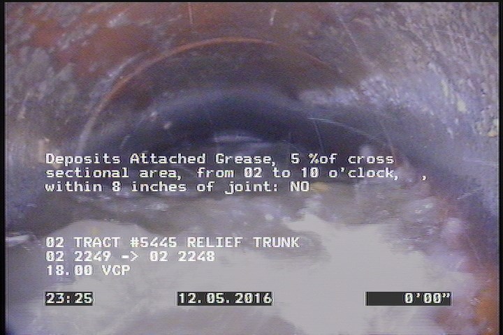 Deposits Attached Grease, 5 %of cross sectional area, from 02 to 10 o'clock, , within 8 inches of joint: NO