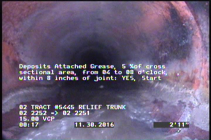 Deposits Attached Grease, 5 %of cross sectional area, from 04 to 08 o'clock, , within 8 inches of joint: YES, Start