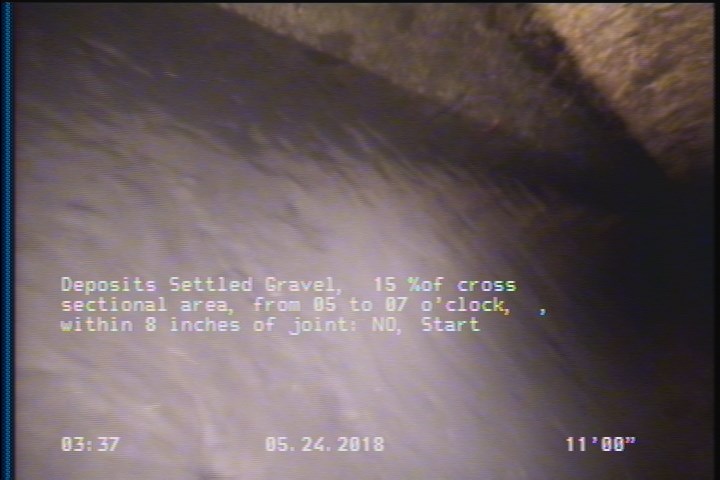 Deposits Settled Gravel, 15 %of cross sectional area, from 05 to 07 o'clock, , within 8 inches of joint: NO, Start