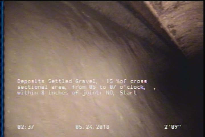 Deposits Settled Gravel, 15 %of cross sectional area, from 05 to 07 o'clock, , within 8 inches of joint: NO, Start