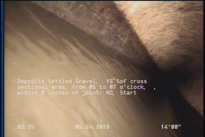 Deposits Settled Gravel, 15 %of cross sectional area, from 05 to 07 o'clock, , within 8 inches of joint: NO, Start