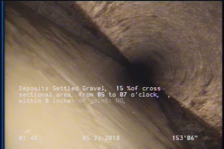 Deposits Settled Gravel, 15 %of cross sectional area, from 05 to 07 o'clock, , within 8 inches of joint: NO, Start