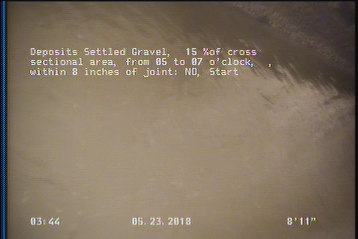 Deposits Settled Gravel, 15 %of cross sectional area, from 05 to 07 o'clock, , within 8 inches of joint: NO, Start