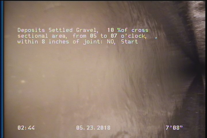 Deposits Settled Gravel, 10 %of cross sectional area, from 05 to 07 o'clock, , within 8 inches of joint: NO, Start