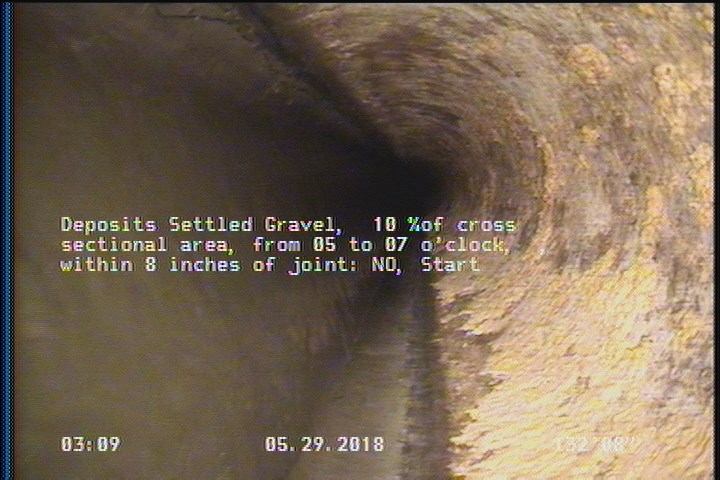Deposits Settled Gravel, 10 %of cross sectional area, from 05 to 07 o'clock, , within 8 inches of joint: NO, Start