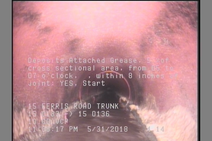 Deposits Attached Grease, 5 %of cross sectional area, from 05 to 07 o'clock, , within 8 inches of joint: YES, Start