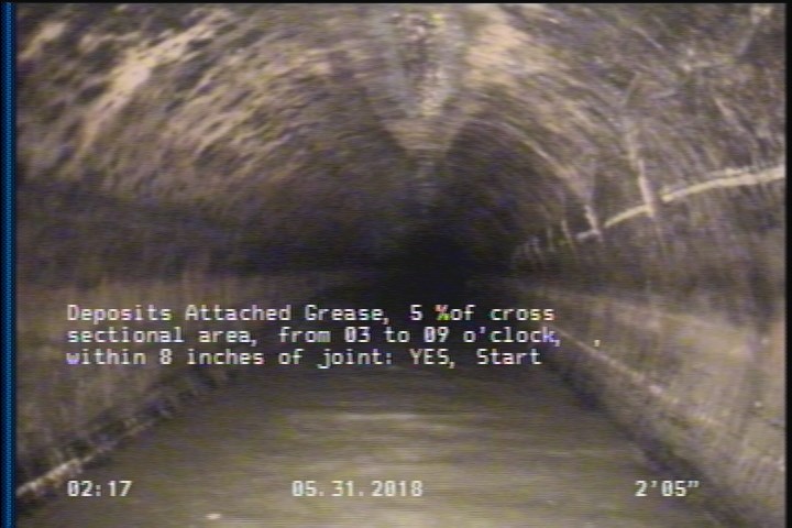 Deposits Attached Grease, 5 %of cross sectional area, from 03 to 09 o'clock, , within 8 inches of joint: YES, Start