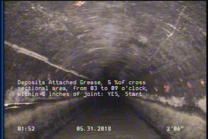 Deposits Attached Grease, 5 %of cross sectional area, from 03 to 09 o'clock, , within 8 inches of joint: YES, Start