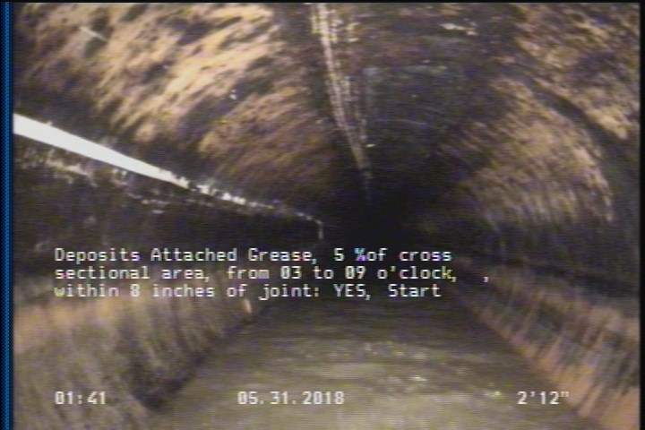 Deposits Attached Grease, 5 %of cross sectional area, from 03 to 09 o'clock, , within 8 inches of joint: YES, Start