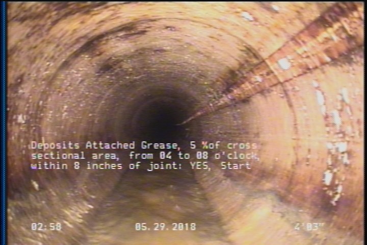 Deposits Attached Grease, 5 %of cross sectional area, from 04 to 08 o'clock, , within 8 inches of joint: YES, Start