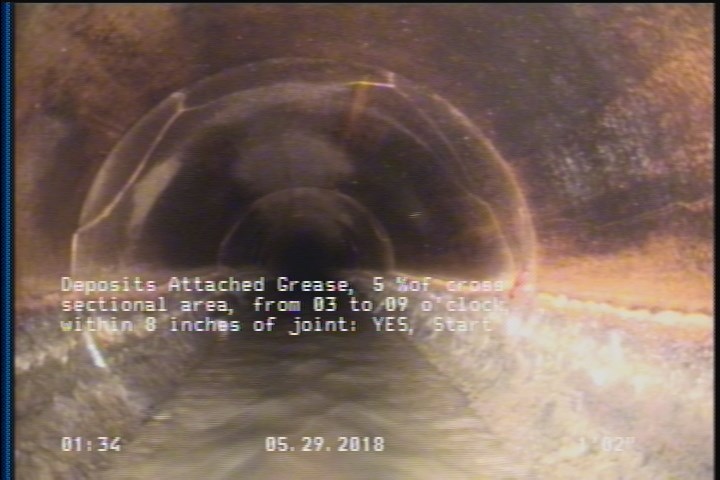 Deposits Attached Grease, 5 %of cross sectional area, from 03 to 09 o'clock, , within 8 inches of joint: YES, Start