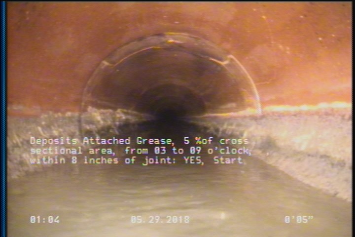 Deposits Attached Grease, 5 %of cross sectional area, from 03 to 09 o'clock, , within 8 inches of joint: YES, Start