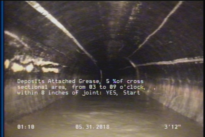 Deposits Attached Grease, 5 %of cross sectional area, from 03 to 09 o'clock, , within 8 inches of joint: YES, Start