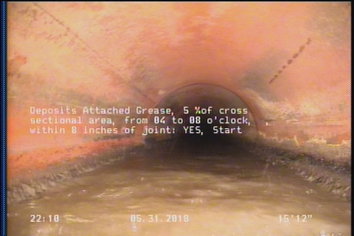 Deposits Attached Grease, 5 %of cross sectional area, from 04 to 08 o'clock, , within 8 inches of joint: YES, Start