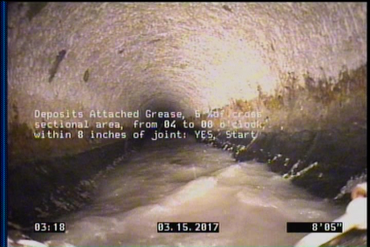 Deposits Attached Grease, 5 %of cross sectional area, from 04 to 08 o'clock, , within 8 inches of joint: YES, Start