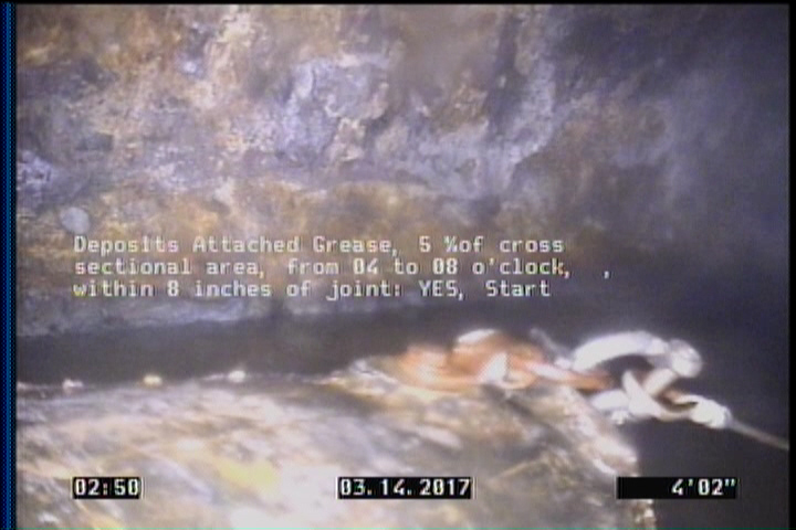 Deposits Attached Grease, 5 %of cross sectional area, from 04 to 08 o'clock, , within 8 inches of joint: YES, Start