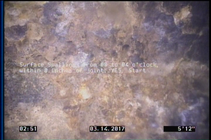 Surface Spalling, from 08 to 04 o'clock, within 8 inches of joint: YES, Start