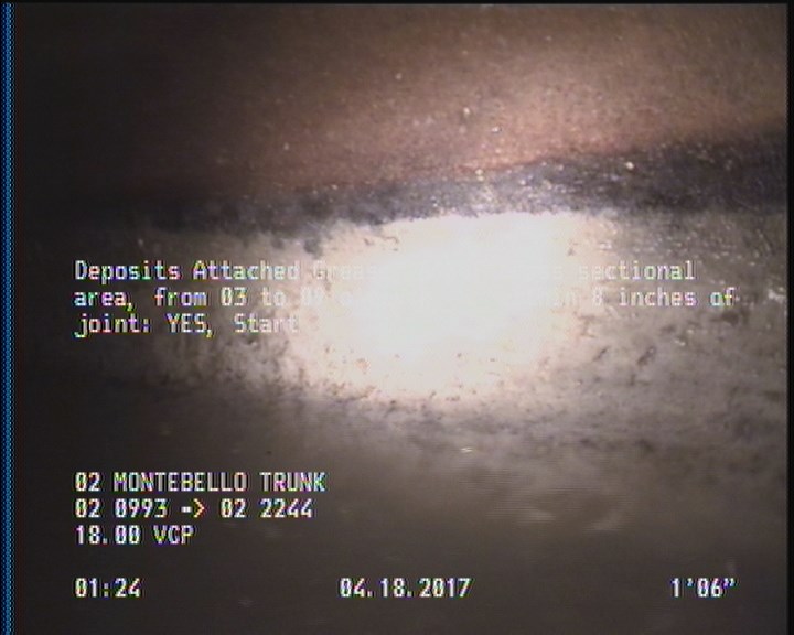 Deposits Attached Grease, 5 %of cross sectional area, from 03 to 09 o'clock, , within 8 inches of joint: YES, Start