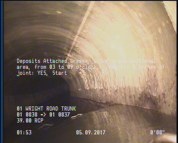 Deposits Attached Grease, 5 %of cross sectional area, from 03 to 09 o'clock, , within 8 inches of joint: YES, Start