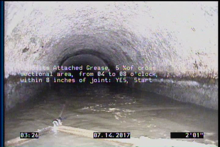 Deposits Attached Grease, 5 %of cross sectional area, from 04 to 08 o'clock, , within 8 inches of joint: YES, Start