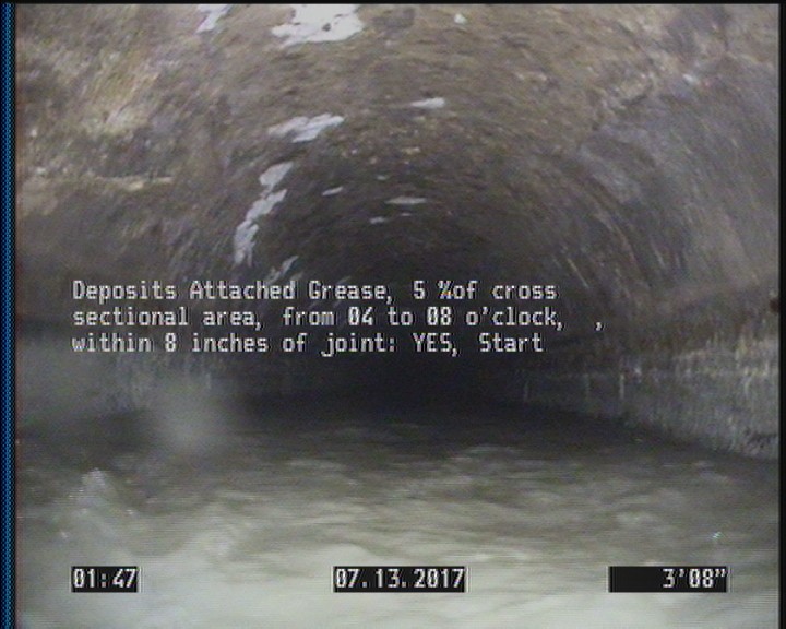 Deposits Attached Grease, 5 %of cross sectional area, from 04 to 08 o'clock, , within 8 inches of joint: YES, Start