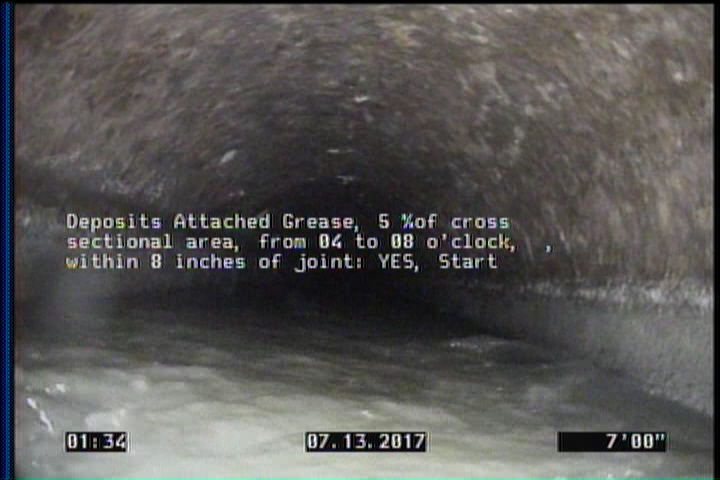 Deposits Attached Grease, 5 %of cross sectional area, from 04 to 08 o'clock, , within 8 inches of joint: YES, Start
