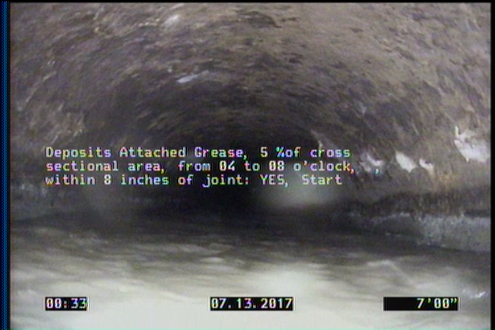 Deposits Attached Grease, 5 %of cross sectional area, from 04 to 08 o'clock, , within 8 inches of joint: YES, Start