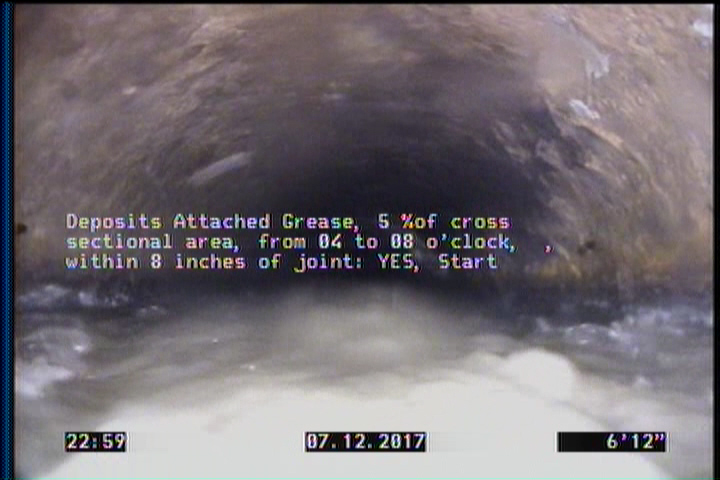 Deposits Attached Grease, 5 %of cross sectional area, from 04 to 08 o'clock, , within 8 inches of joint: YES, Start