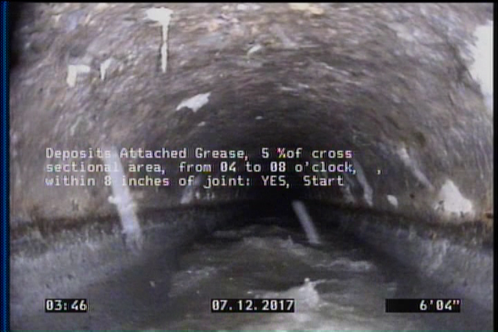 Deposits Attached Grease, 5 %of cross sectional area, from 04 to 08 o'clock, , within 8 inches of joint: YES, Start
