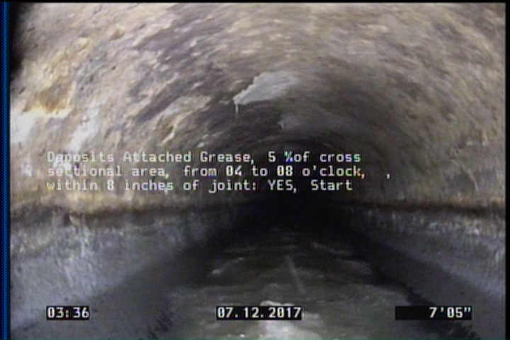 Deposits Attached Grease, 5 %of cross sectional area, from 04 to 08 o'clock, , within 8 inches of joint: YES, Start