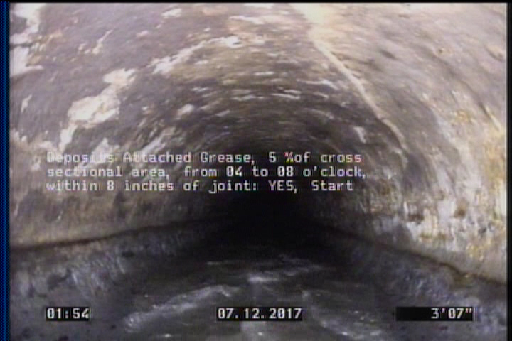 Deposits Attached Grease, 5 %of cross sectional area, from 04 to 08 o'clock, , within 8 inches of joint: YES, Start