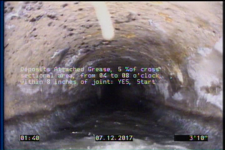 Deposits Attached Grease, 5 %of cross sectional area, from 04 to 08 o'clock, , within 8 inches of joint: YES, Start
