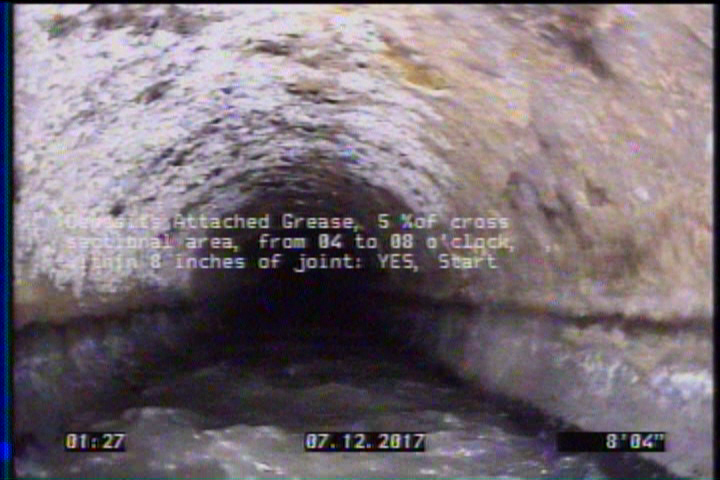Deposits Attached Grease, 5 %of cross sectional area, from 04 to 08 o'clock, , within 8 inches of joint: YES, Start