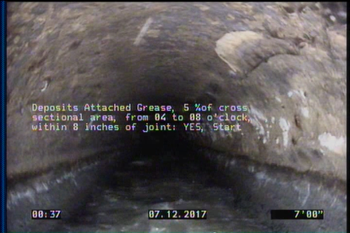 Deposits Attached Grease, 5 %of cross sectional area, from 04 to 08 o'clock, , within 8 inches of joint: YES, Start