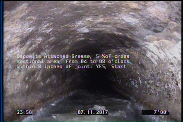 Deposits Attached Grease, 5 %of cross sectional area, from 04 to 08 o'clock, , within 8 inches of joint: YES, Start