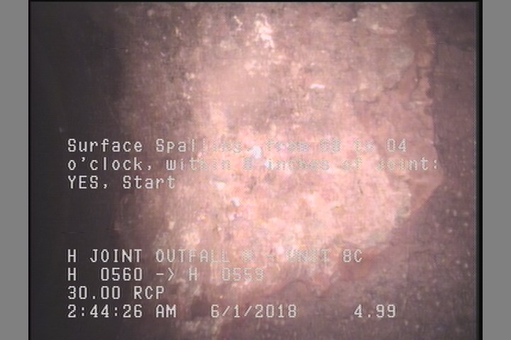 Surface Spalling, from 08 to 04 o'clock, within 8 inches of joint: YES, Start