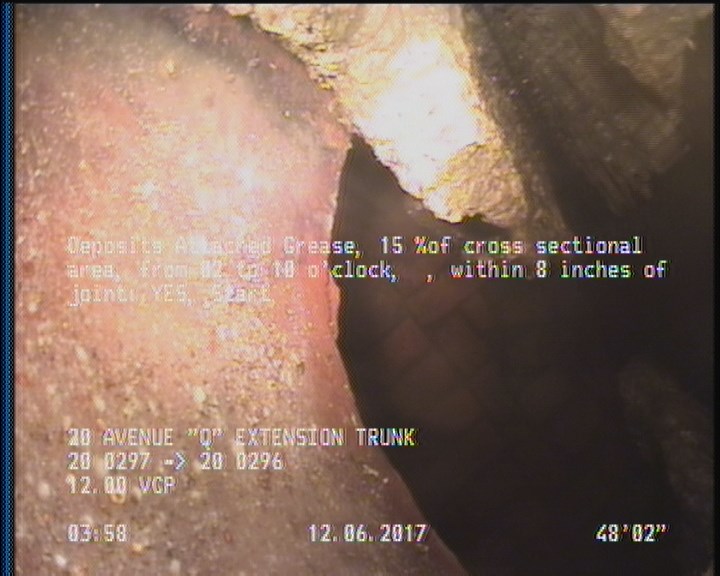 Deposits Attached Grease, 15 %of cross sectional area, from 02 to 10 o'clock, , within 8 inches of joint: YES, Start