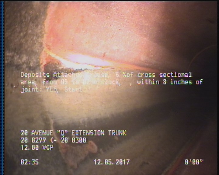 Deposits Attached Grease, 5 %of cross sectional area, from 05 to 07 o'clock, , within 8 inches of joint: YES, Start