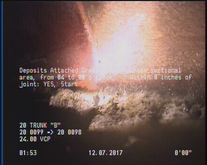 Deposits Attached Grease, 5 %of cross sectional area, from 04 to 08 o'clock, , within 8 inches of joint: YES, Start