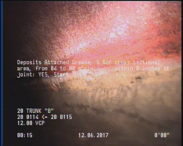 Deposits Attached Grease, 5 %of cross sectional area, from 04 to 08 o'clock, , within 8 inches of joint: YES, Start
