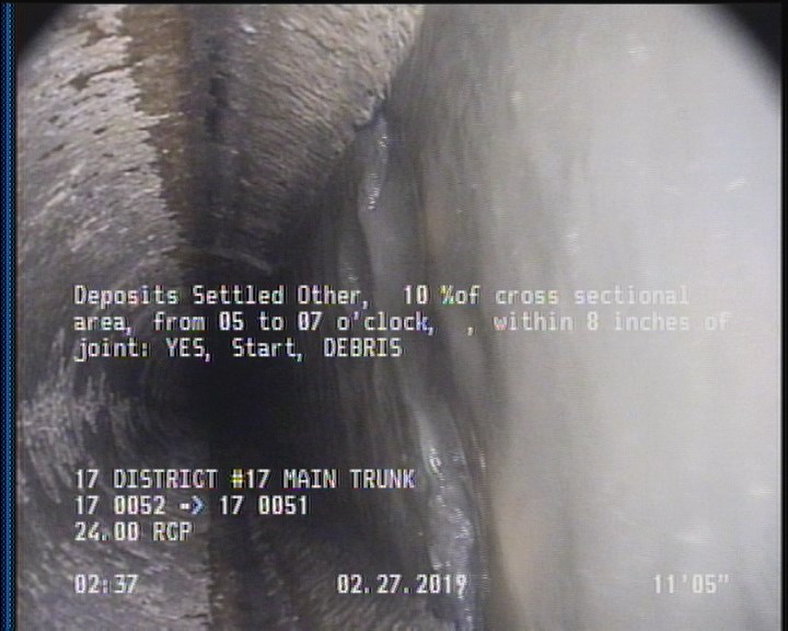 Deposits Settled Other, 10 %of cross sectional area, from 05 to 07 o'clock, , within 8 inches of joint: YES, Start - DEBRIS