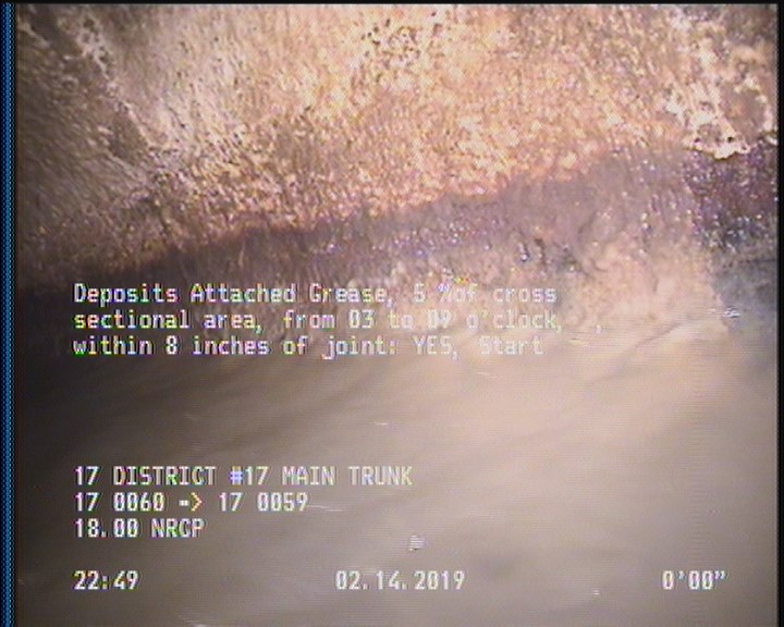 Deposits Attached Grease, 5 %of cross sectional area, from 03 to 09 o'clock, , within 8 inches of joint: YES, Start