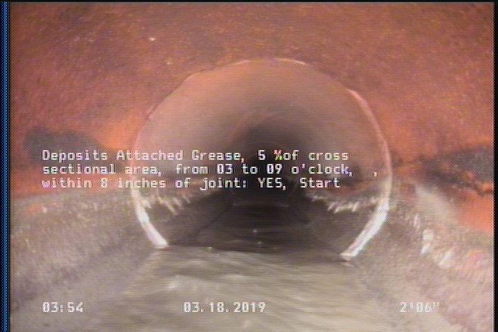 Deposits Attached Grease, 5 %of cross sectional area, from 03 to 09 o'clock, , within 8 inches of joint: YES, Start