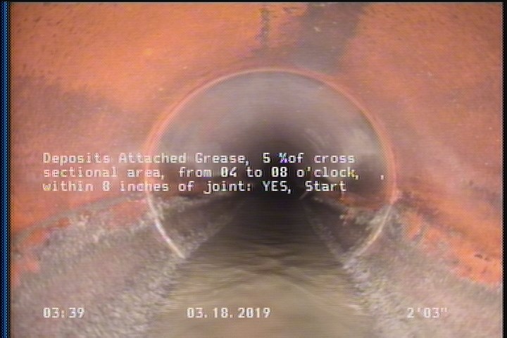 Deposits Attached Grease, 5 %of cross sectional area, from 04 to 08 o'clock, , within 8 inches of joint: YES, Start