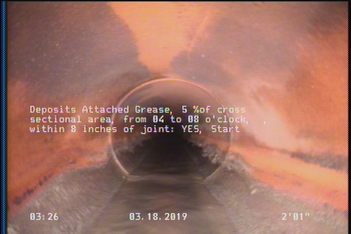 Deposits Attached Grease, 5 %of cross sectional area, from 04 to 08 o'clock, , within 8 inches of joint: YES, Start