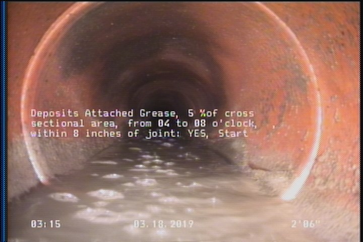 Deposits Attached Grease, 5 %of cross sectional area, from 04 to 08 o'clock, , within 8 inches of joint: YES, Start