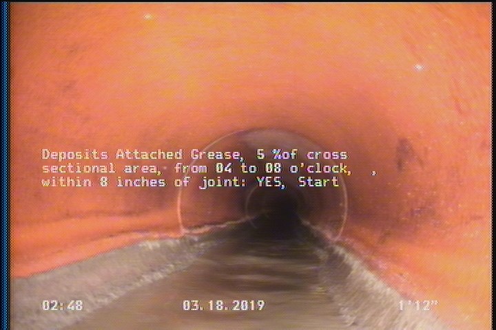 Deposits Attached Grease, 5 %of cross sectional area, from 04 to 08 o'clock, , within 8 inches of joint: YES, Start
