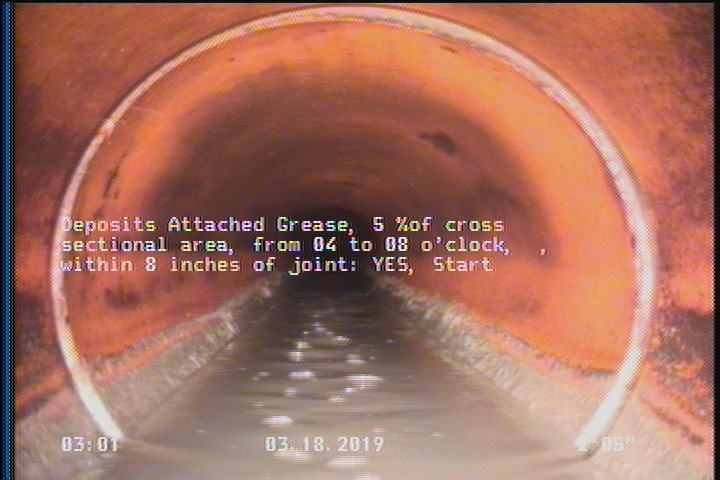 Deposits Attached Grease, 5 %of cross sectional area, from 04 to 08 o'clock, , within 8 inches of joint: YES, Start