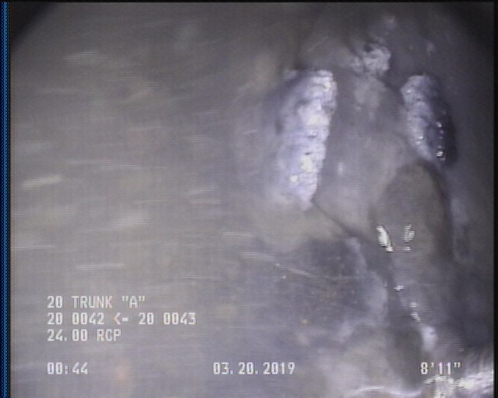 Deposits Settled Other, 20 %of cross sectional area, from 05 to 07 o'clock, , within 8 inches of joint: YES, Start - DEBRIS UNDER WATER