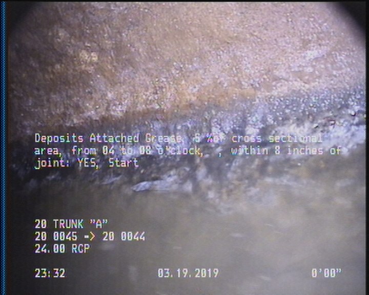 Deposits Attached Grease, 5 %of cross sectional area, from 04 to 08 o'clock, , within 8 inches of joint: YES, Start